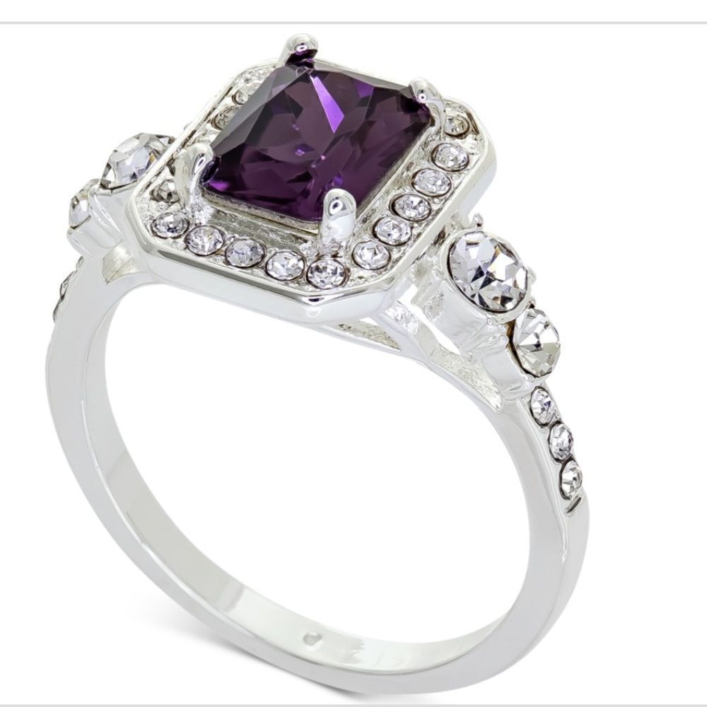 NWT Charter Club Silver-Tone Pave & Purple Square Crystal Halo Ring size 7